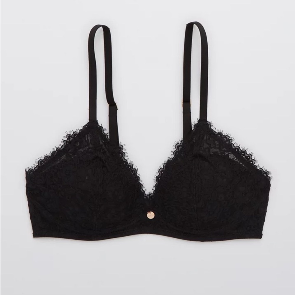 Aerie Real Power Wireless Push Up Eyelash Lace Bra - Black